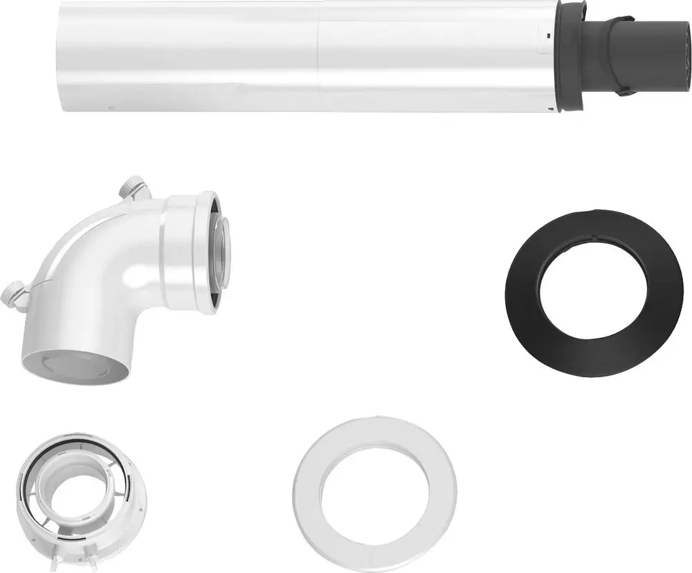 Montagezubehör für Abgasleitungen, bestehend aus einem geraden Rohr, einem Winkelstück, zwei Dichtungen und einem Adapter. Geeignet für Systeme von Bosch.